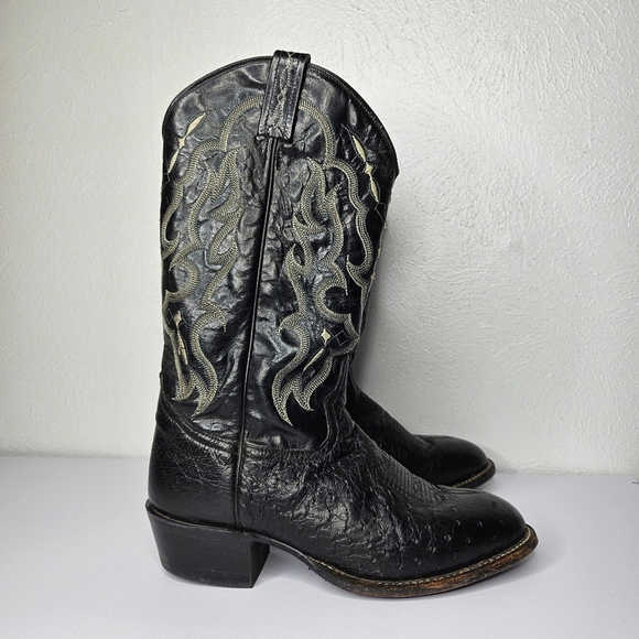 Tony Lama Black Smooth Ostrich Western Boots Men's 8 EE Double Wide - Picture 4 of 12